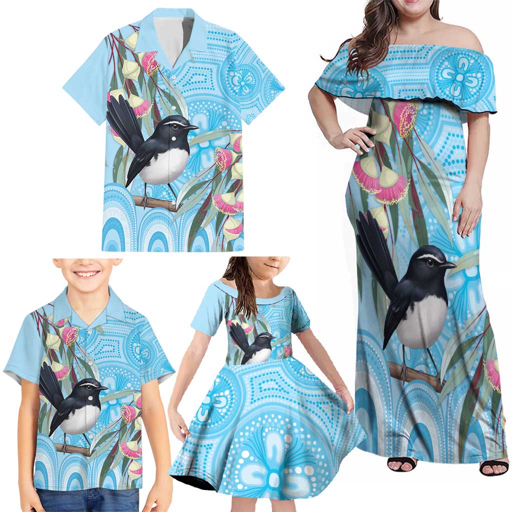 Willie wagtail Australia Family Matching Off Shoulder Maxi Dress and Hawaiian Shirt Eucalyptus Blossoms Aboriginal Art - Vibe Hoodie