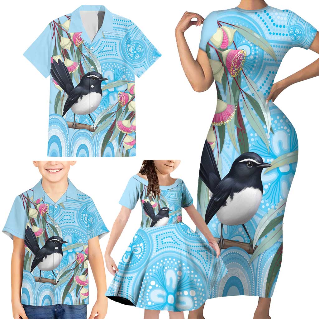 Willie wagtail Australia Family Matching Short Sleeve Bodycon Dress and Hawaiian Shirt Eucalyptus Blossoms Aboriginal Art - Vibe Hoodie