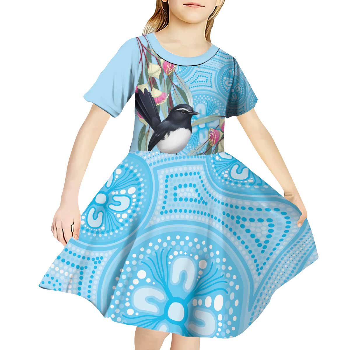 Willie wagtail Australia Kid Short Sleeve Dress Eucalyptus Blossoms Aboriginal Art - Vibe Hoodie