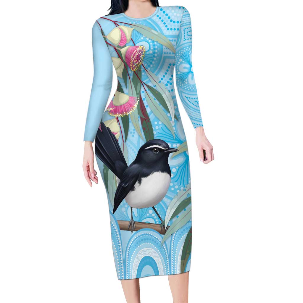 Willie wagtail Australia Long Sleeve Bodycon Dress Eucalyptus Blossoms Aboriginal Art - Vibe Hoodie