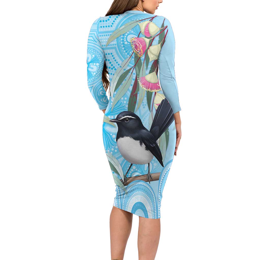 Willie wagtail Australia Long Sleeve Bodycon Dress Eucalyptus Blossoms Aboriginal Art - Vibe Hoodie