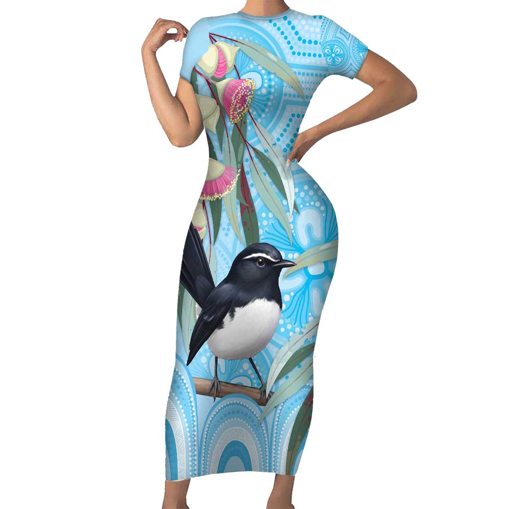 Willie wagtail Australia Short Sleeve Bodycon Dress Eucalyptus Blossoms Aboriginal Art - Vibe Hoodie