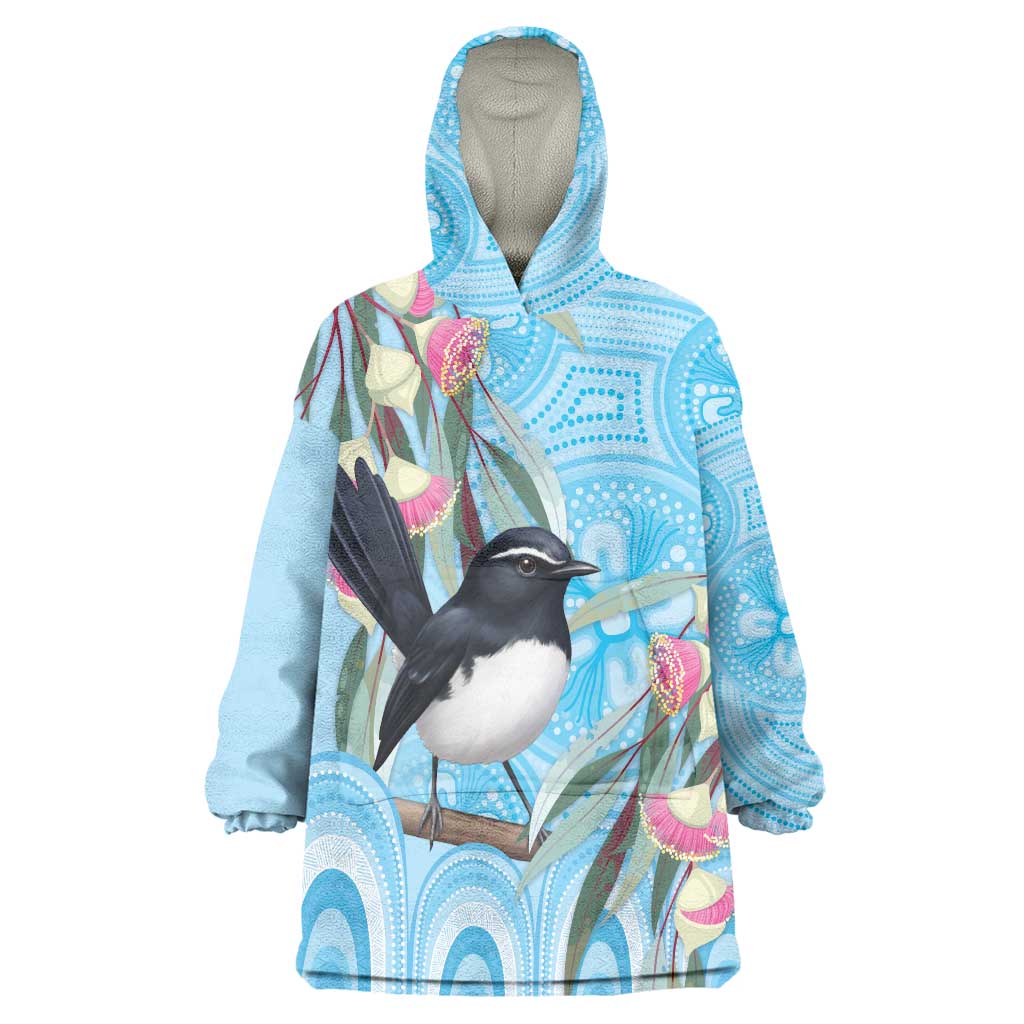 Willie wagtail Australia Wearable Blanket Hoodie Eucalyptus Blossoms Aboriginal Art - Vibe Hoodie