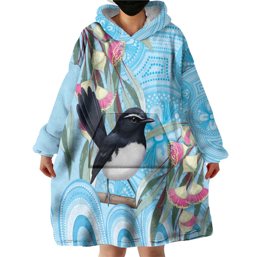 Willie wagtail Australia Wearable Blanket Hoodie Eucalyptus Blossoms Aboriginal Art - Vibe Hoodie
