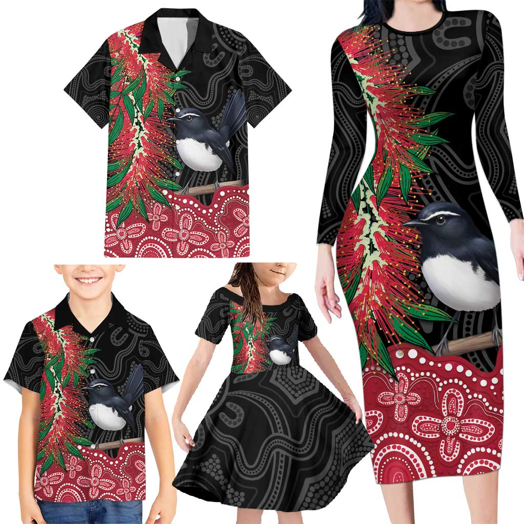 Willie wagtail Australia Family Matching Long Sleeve Bodycon Dress and Hawaiian Shirt Aussie Bottlebrushes Aboriginal Art - Vibe Hoodie