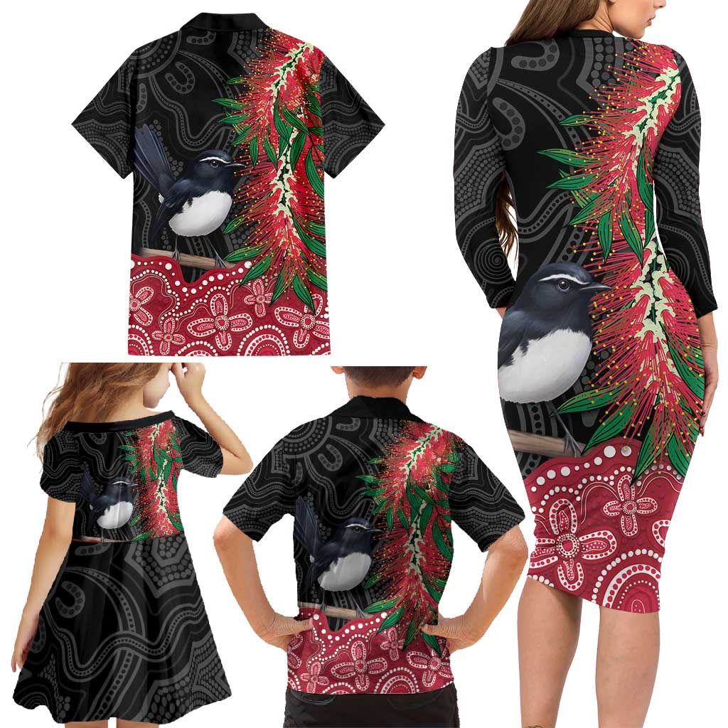 Willie wagtail Australia Family Matching Long Sleeve Bodycon Dress and Hawaiian Shirt Aussie Bottlebrushes Aboriginal Art - Vibe Hoodie