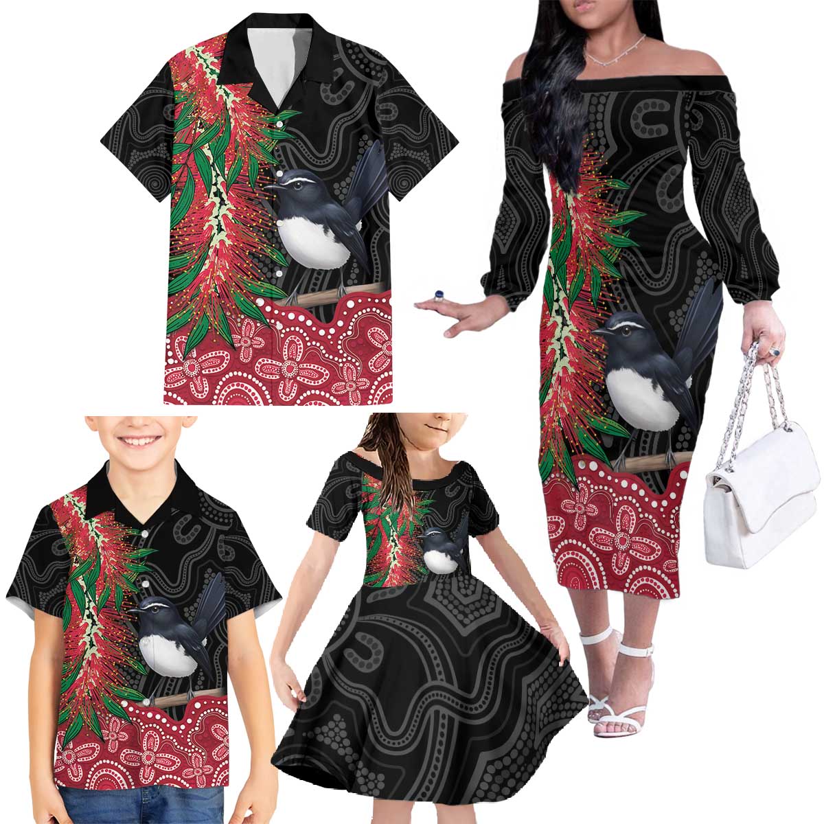 Willie wagtail Australia Family Matching Off The Shoulder Long Sleeve Dress and Hawaiian Shirt Aussie Bottlebrushes Aboriginal Art - Vibe Hoodie