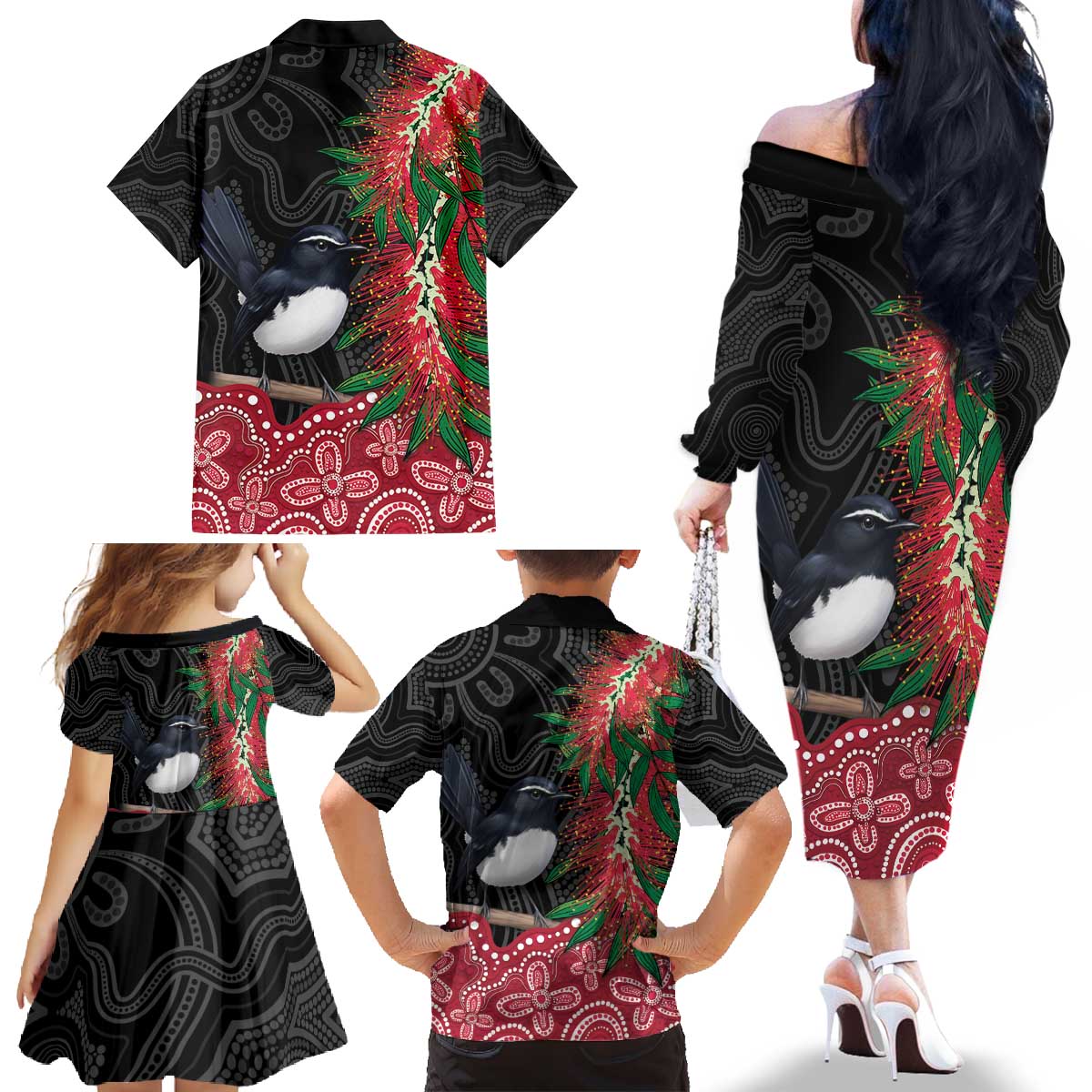 Willie wagtail Australia Family Matching Off The Shoulder Long Sleeve Dress and Hawaiian Shirt Aussie Bottlebrushes Aboriginal Art - Vibe Hoodie