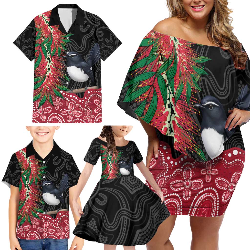 Willie wagtail Australia Family Matching Off Shoulder Short Dress and Hawaiian Shirt Aussie Bottlebrushes Aboriginal Art - Vibe Hoodie