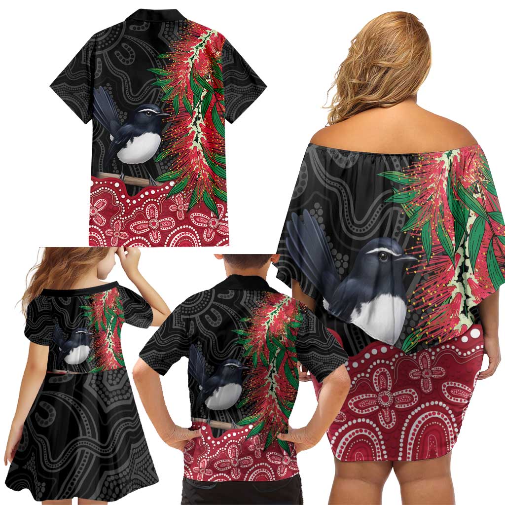 Willie wagtail Australia Family Matching Off Shoulder Short Dress and Hawaiian Shirt Aussie Bottlebrushes Aboriginal Art - Vibe Hoodie