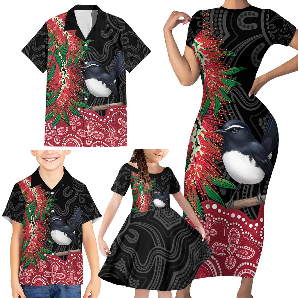 Willie wagtail Australia Family Matching Short Sleeve Bodycon Dress and Hawaiian Shirt Aussie Bottlebrushes Aboriginal Art - Vibe Hoodie