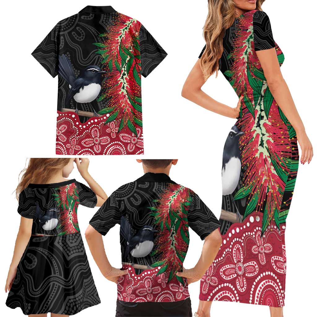 Willie wagtail Australia Family Matching Short Sleeve Bodycon Dress and Hawaiian Shirt Aussie Bottlebrushes Aboriginal Art - Vibe Hoodie