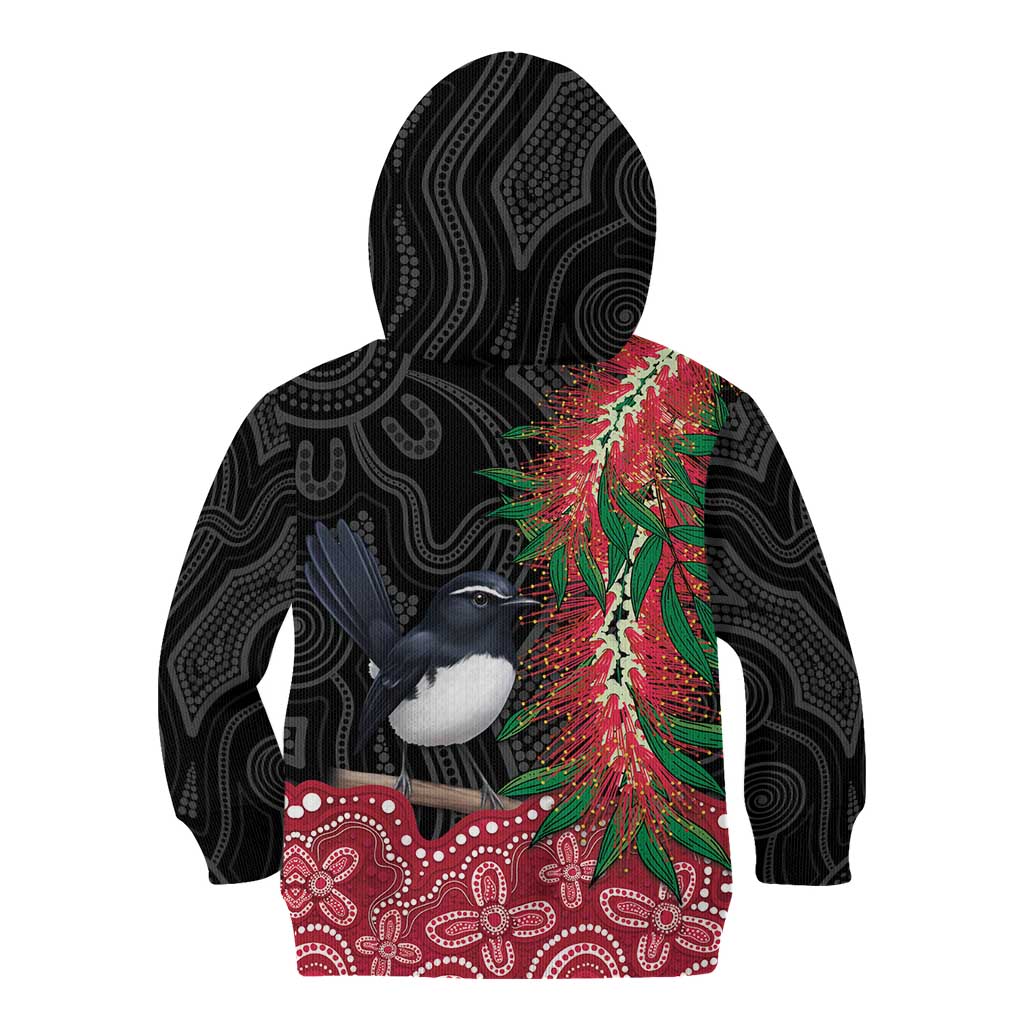 Willie wagtail Australia Kid Hoodie Aussie Bottlebrushes Aboriginal Art - Vibe Hoodie
