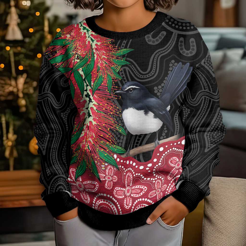 Willie wagtail Australia Kid Ugly Christmas Sweater Aussie Bottlebrushes Aboriginal Art - Vibe Hoodie