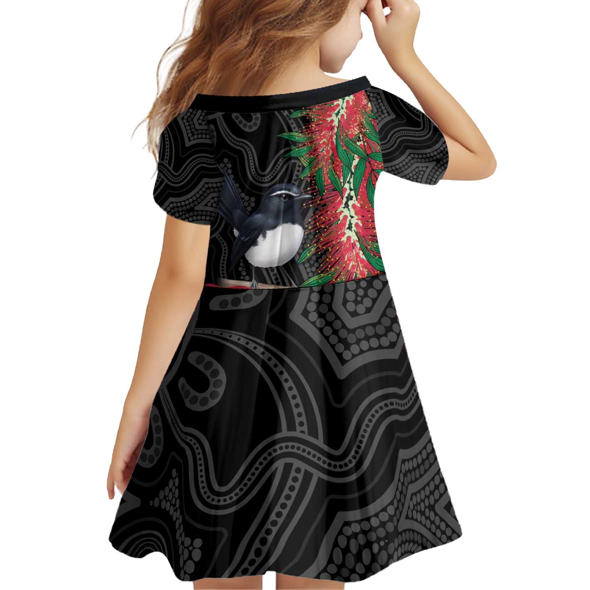 Willie wagtail Australia Kid Short Sleeve Dress Aussie Bottlebrushes Aboriginal Art - Vibe Hoodie