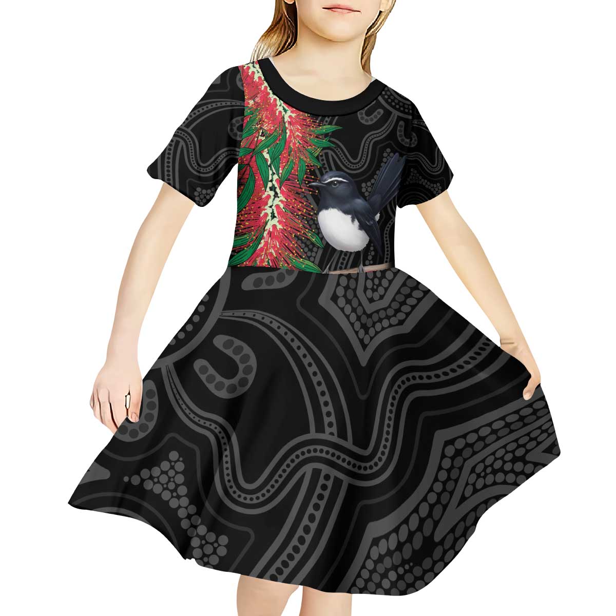 Willie wagtail Australia Kid Short Sleeve Dress Aussie Bottlebrushes Aboriginal Art - Vibe Hoodie