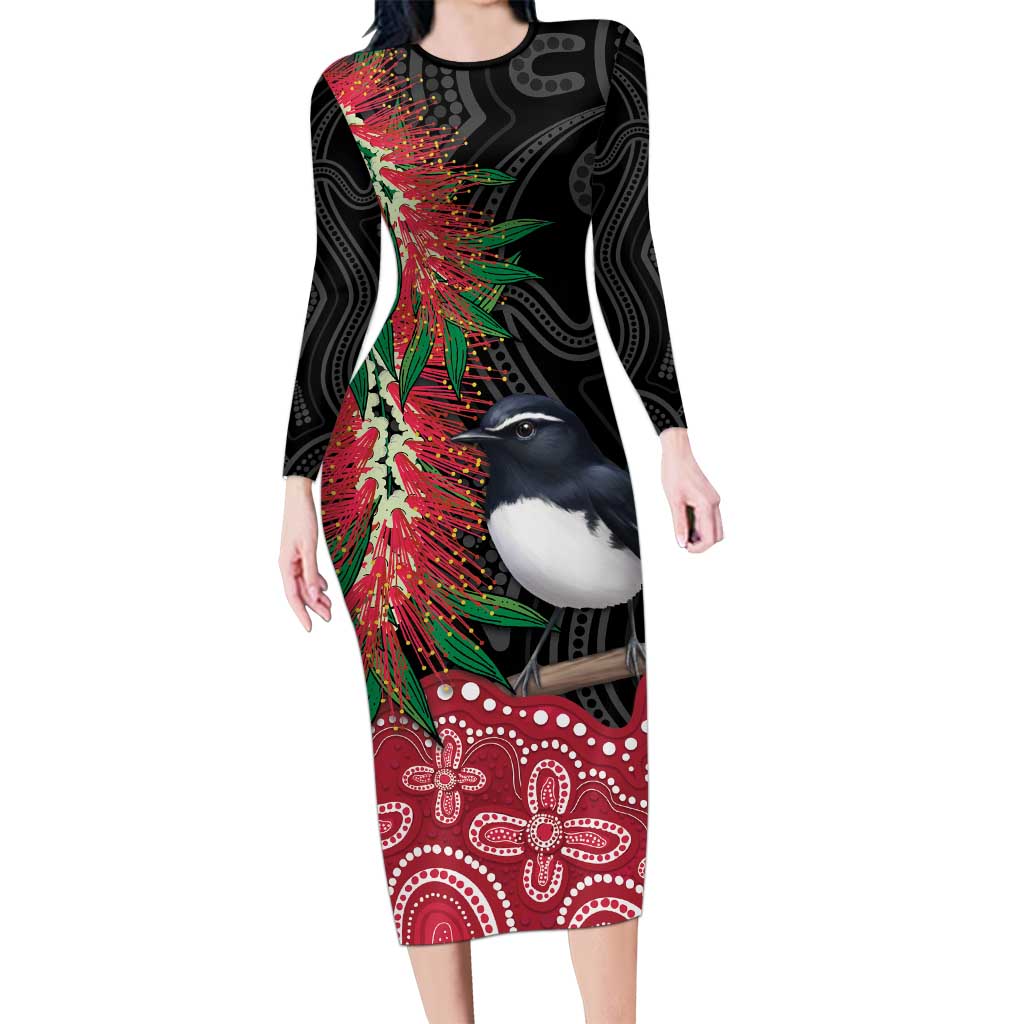 Willie wagtail Australia Long Sleeve Bodycon Dress Aussie Bottlebrushes Aboriginal Art - Vibe Hoodie