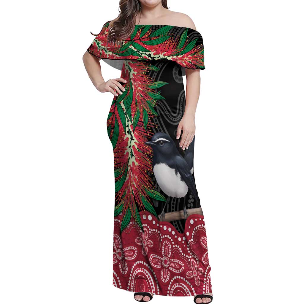 Willie wagtail Australia Off Shoulder Maxi Dress Aussie Bottlebrushes Aboriginal Art - Vibe Hoodie
