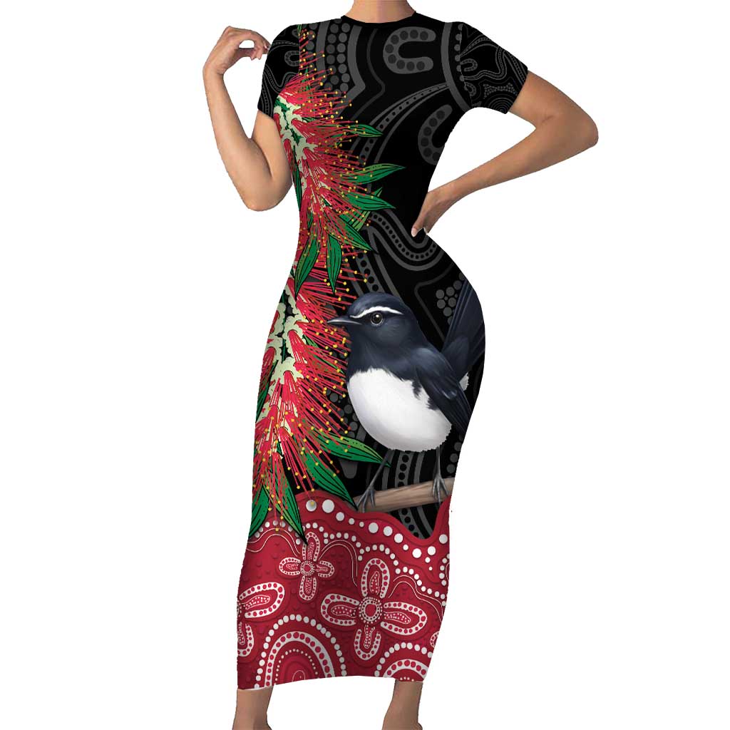 Willie wagtail Australia Short Sleeve Bodycon Dress Aussie Bottlebrushes Aboriginal Art - Vibe Hoodie