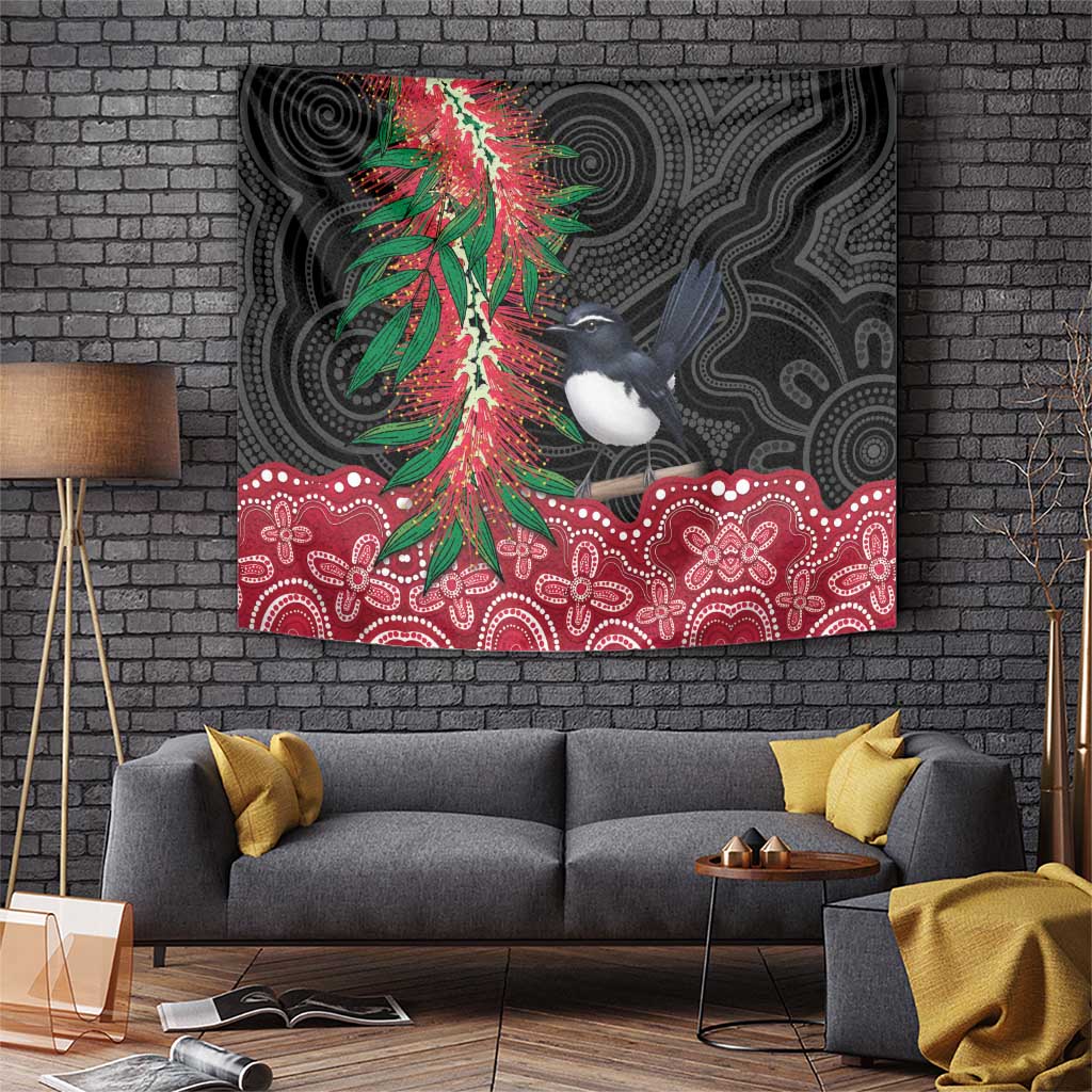 Willie wagtail Australia Tapestry Aussie Bottlebrushes Aboriginal Art - Vibe Hoodie