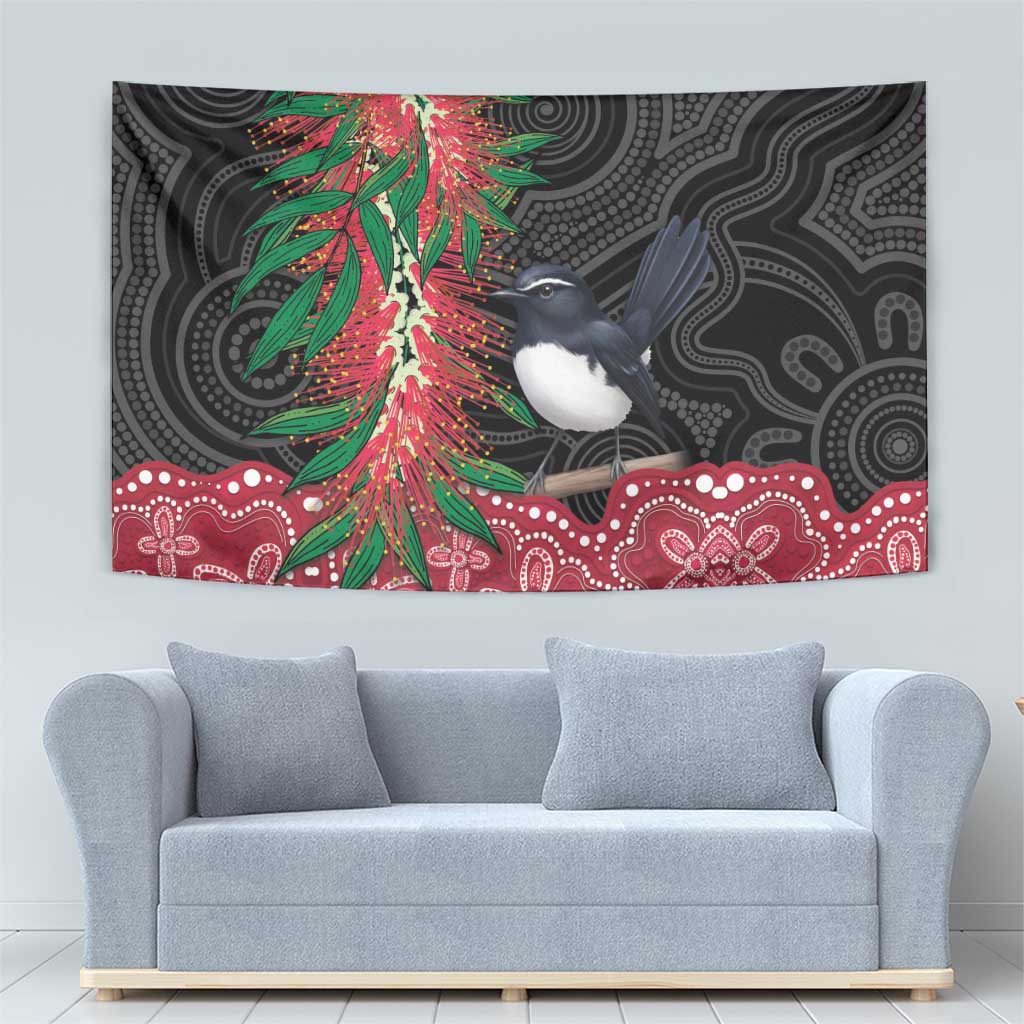 Willie wagtail Australia Tapestry Aussie Bottlebrushes Aboriginal Art - Vibe Hoodie