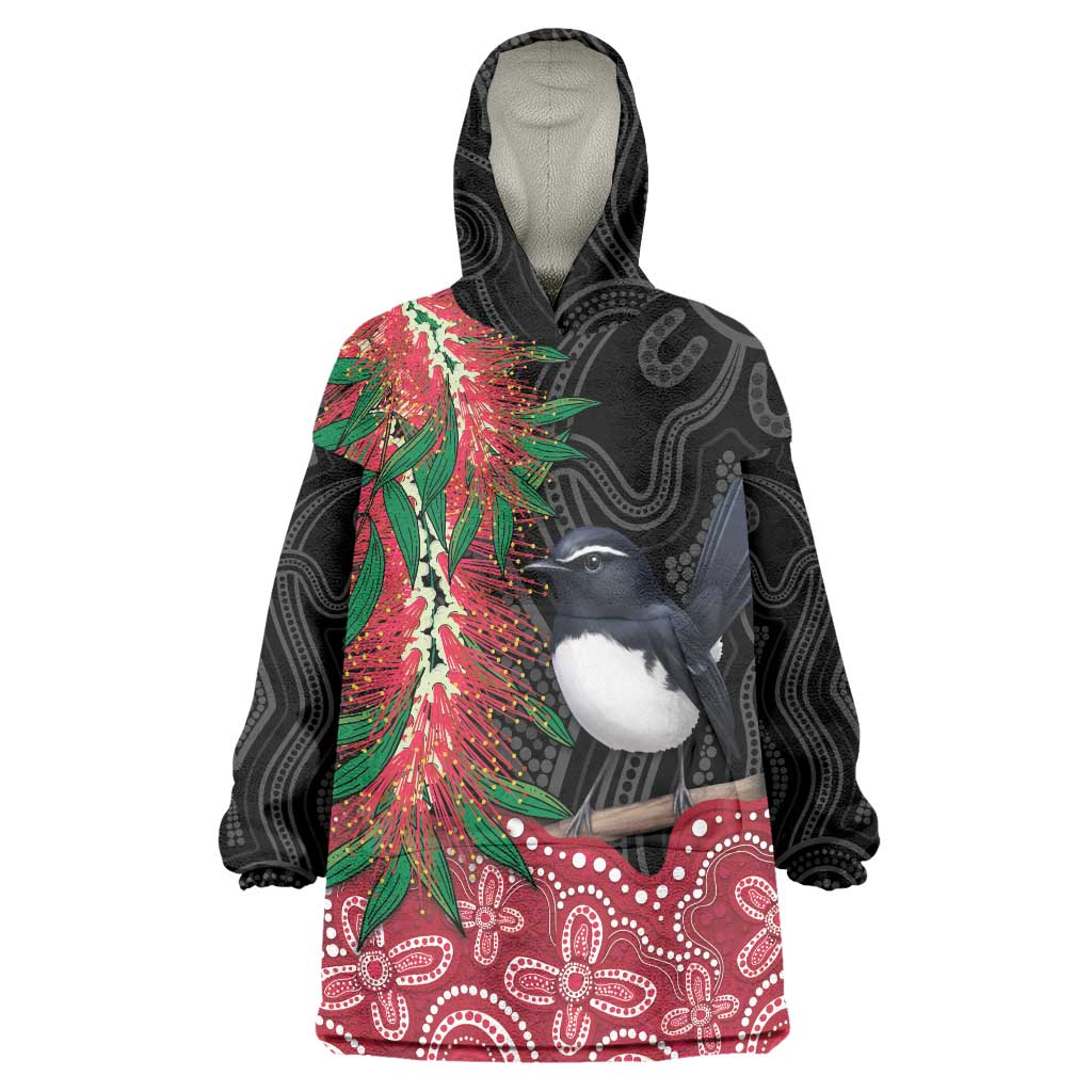 Willie wagtail Australia Wearable Blanket Hoodie Aussie Bottlebrushes Aboriginal Art - Vibe Hoodie
