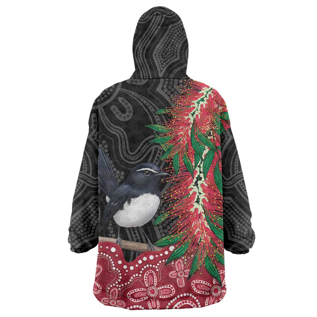 Willie wagtail Australia Wearable Blanket Hoodie Aussie Bottlebrushes Aboriginal Art - Vibe Hoodie