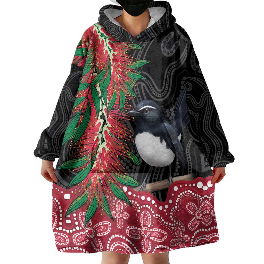 Willie wagtail Australia Wearable Blanket Hoodie Aussie Bottlebrushes Aboriginal Art - Vibe Hoodie