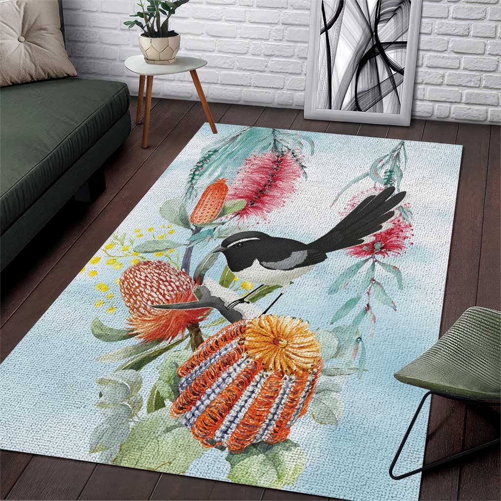 Willie wagtail Australia Area Rug Banksia Bottlebrushes Watercolor Stylized - Vibe Hoodie