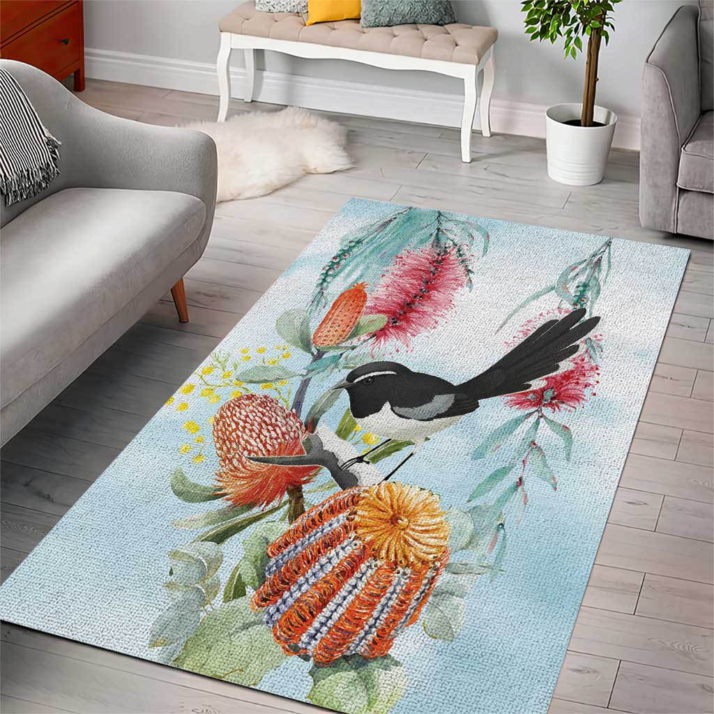 Willie wagtail Australia Area Rug Banksia Bottlebrushes Watercolor Stylized - Vibe Hoodie