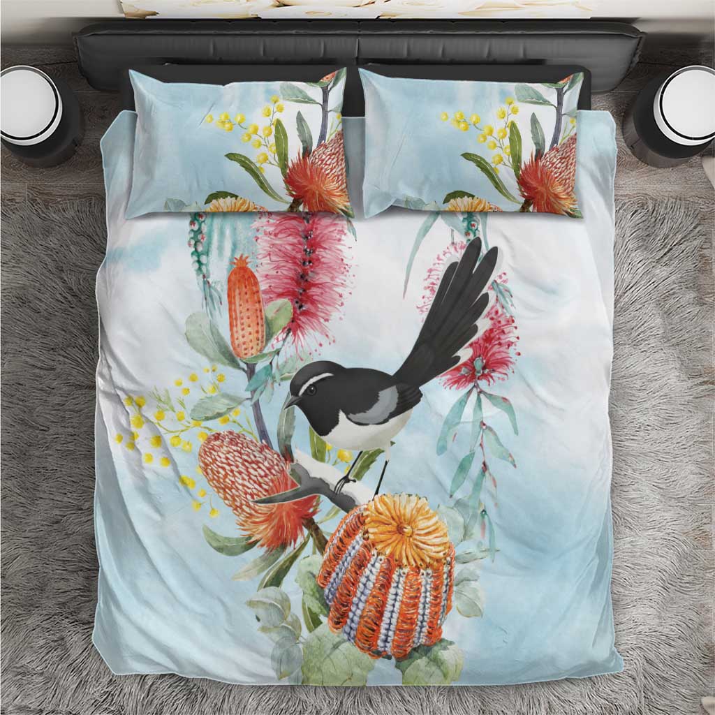 Willie wagtail Australia Bedding Set Banksia Bottlebrushes Watercolor Stylized - Vibe Hoodie