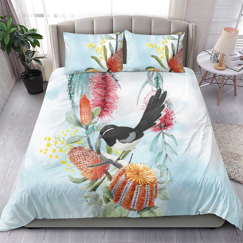 Willie wagtail Australia Bedding Set Banksia Bottlebrushes Watercolor Stylized - Vibe Hoodie