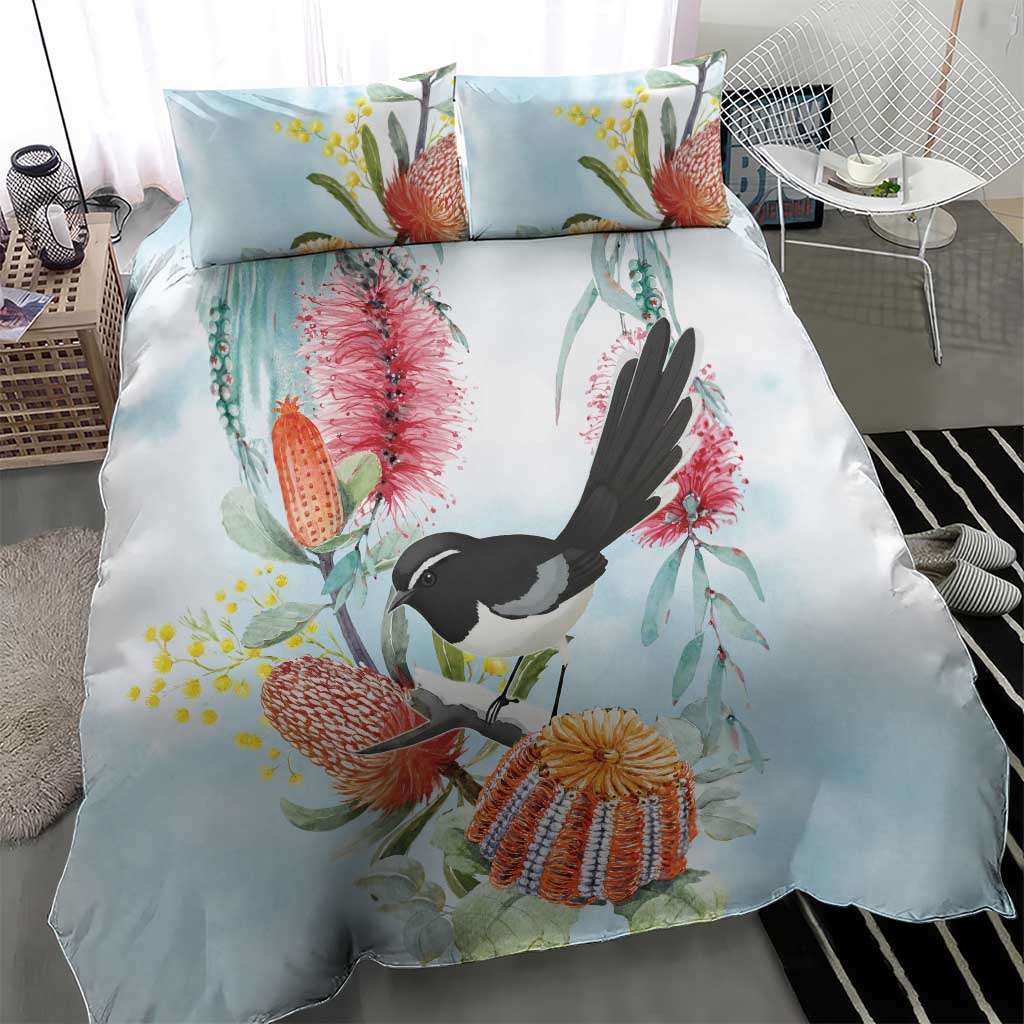 Willie wagtail Australia Bedding Set Banksia Bottlebrushes Watercolor Stylized - Vibe Hoodie