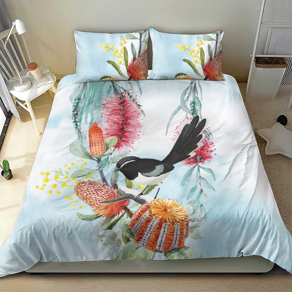 Willie wagtail Australia Bedding Set Banksia Bottlebrushes Watercolor Stylized - Vibe Hoodie