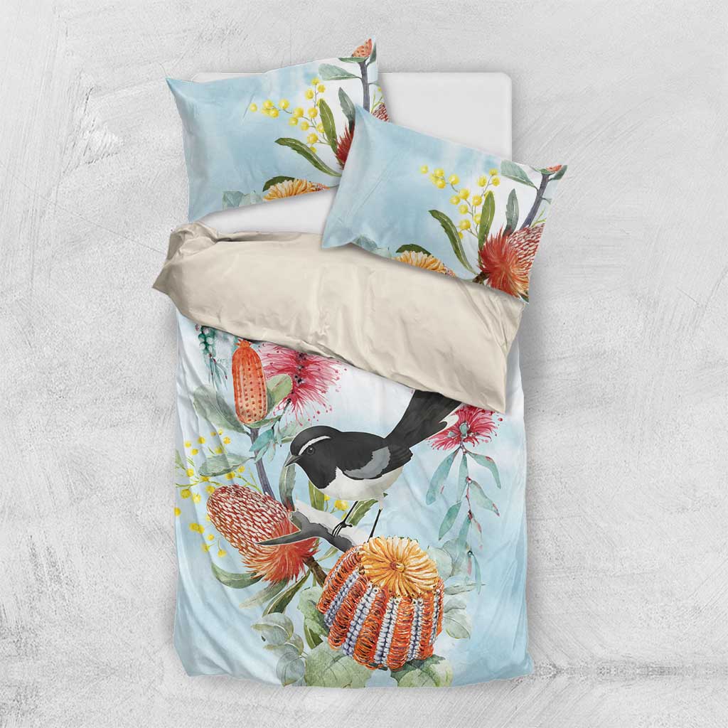 Willie wagtail Australia Bedding Set Banksia Bottlebrushes Watercolor Stylized - Vibe Hoodie