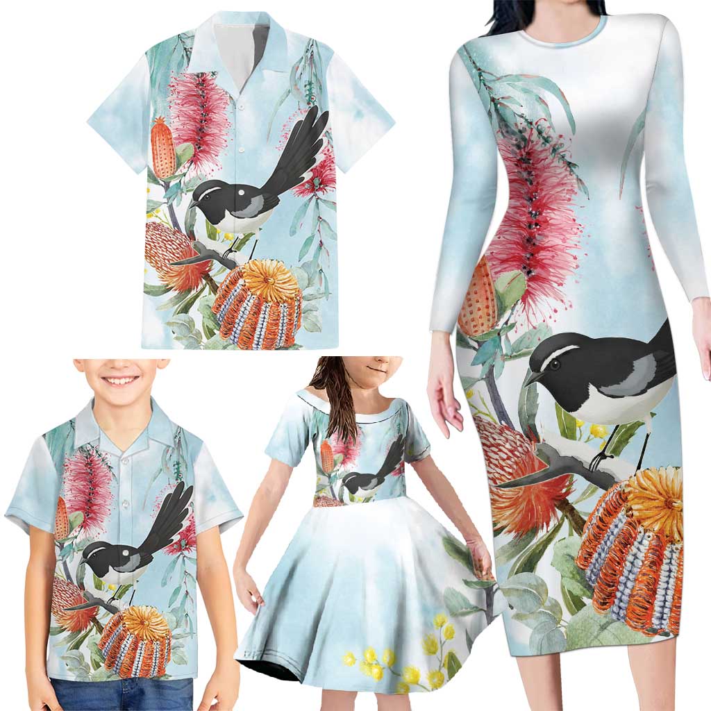 Willie wagtail Australia Family Matching Long Sleeve Bodycon Dress and Hawaiian Shirt Banksia Bottlebrushes Watercolor Stylized - Vibe Hoodie