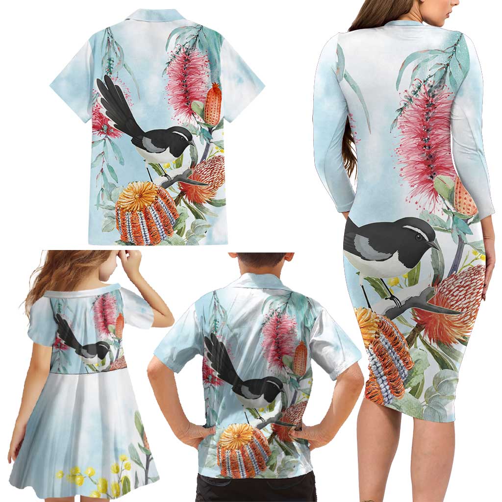 Willie wagtail Australia Family Matching Long Sleeve Bodycon Dress and Hawaiian Shirt Banksia Bottlebrushes Watercolor Stylized - Vibe Hoodie