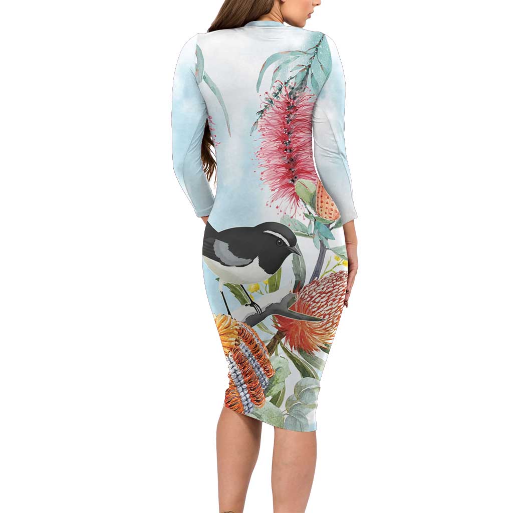 Willie wagtail Australia Family Matching Long Sleeve Bodycon Dress and Hawaiian Shirt Banksia Bottlebrushes Watercolor Stylized - Vibe Hoodie