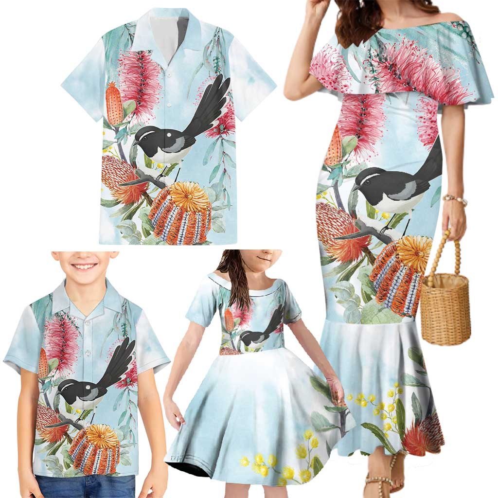 Willie wagtail Australia Family Matching Mermaid Dress and Hawaiian Shirt Banksia Bottlebrushes Watercolor Stylized - Vibe Hoodie