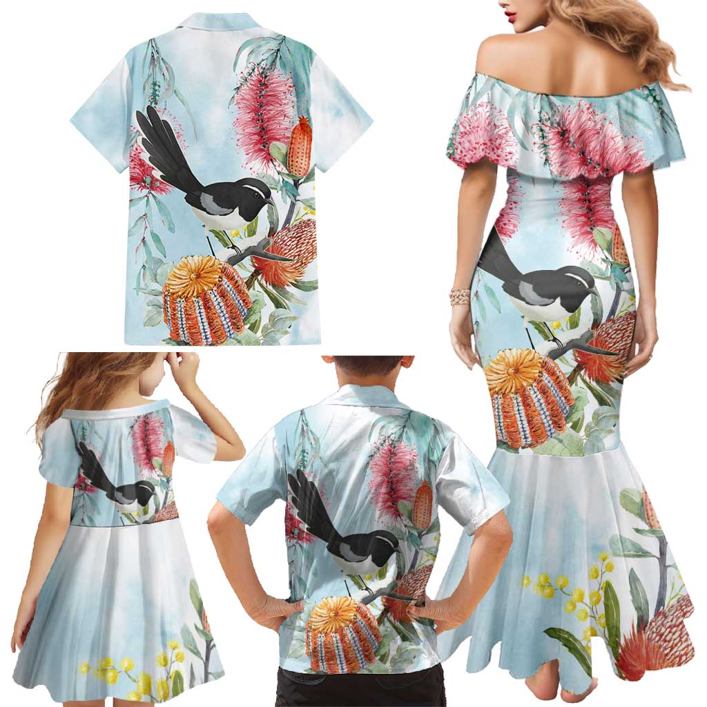 Willie wagtail Australia Family Matching Mermaid Dress and Hawaiian Shirt Banksia Bottlebrushes Watercolor Stylized - Vibe Hoodie