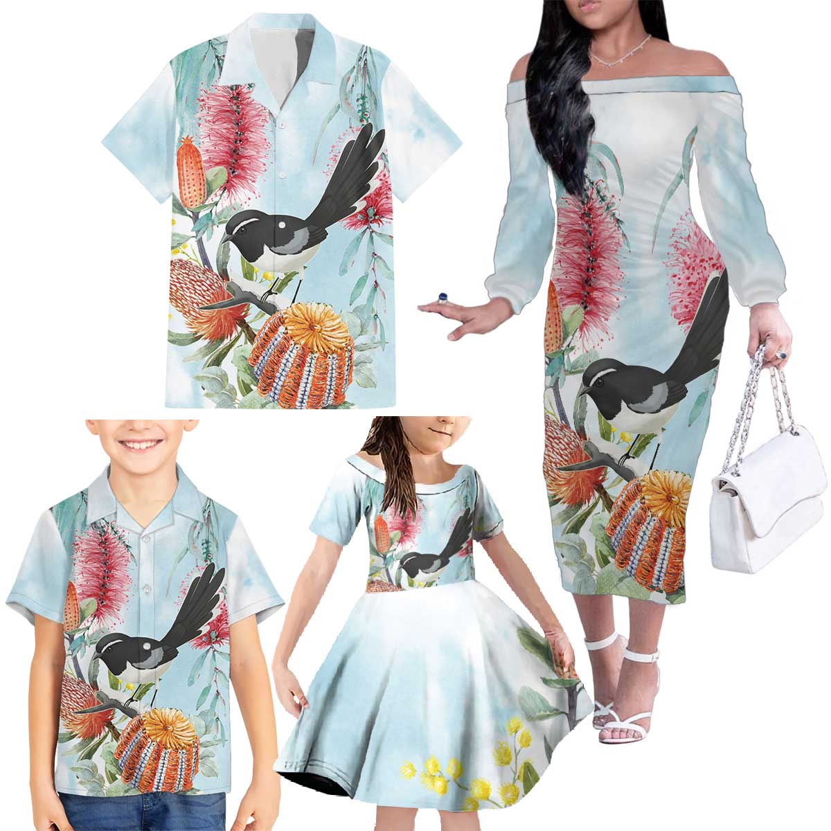 Willie wagtail Australia Family Matching Off The Shoulder Long Sleeve Dress and Hawaiian Shirt Banksia Bottlebrushes Watercolor Stylized - Vibe Hoodie