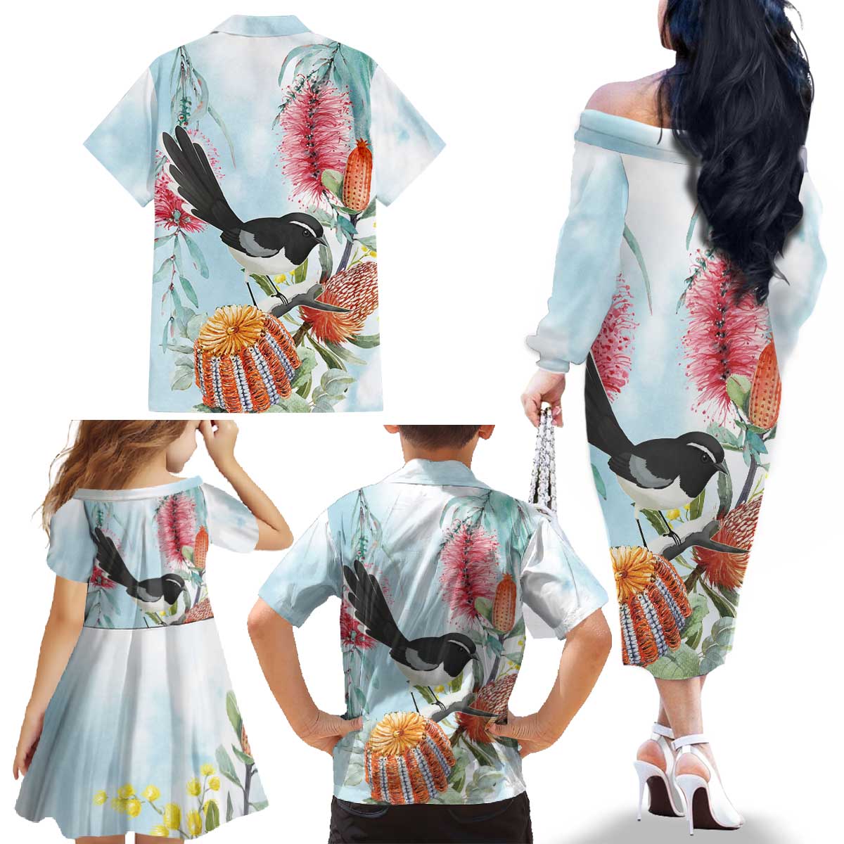 Willie wagtail Australia Family Matching Off The Shoulder Long Sleeve Dress and Hawaiian Shirt Banksia Bottlebrushes Watercolor Stylized - Vibe Hoodie