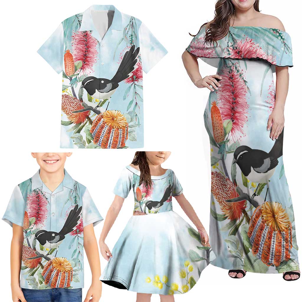 Willie wagtail Australia Family Matching Off Shoulder Maxi Dress and Hawaiian Shirt Banksia Bottlebrushes Watercolor Stylized - Vibe Hoodie