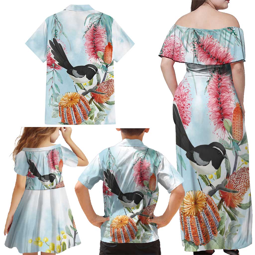 Willie wagtail Australia Family Matching Off Shoulder Maxi Dress and Hawaiian Shirt Banksia Bottlebrushes Watercolor Stylized - Vibe Hoodie