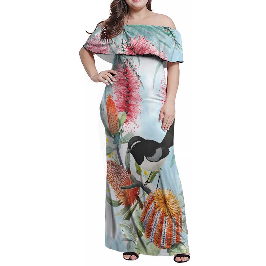 Willie wagtail Australia Family Matching Off Shoulder Maxi Dress and Hawaiian Shirt Banksia Bottlebrushes Watercolor Stylized - Vibe Hoodie