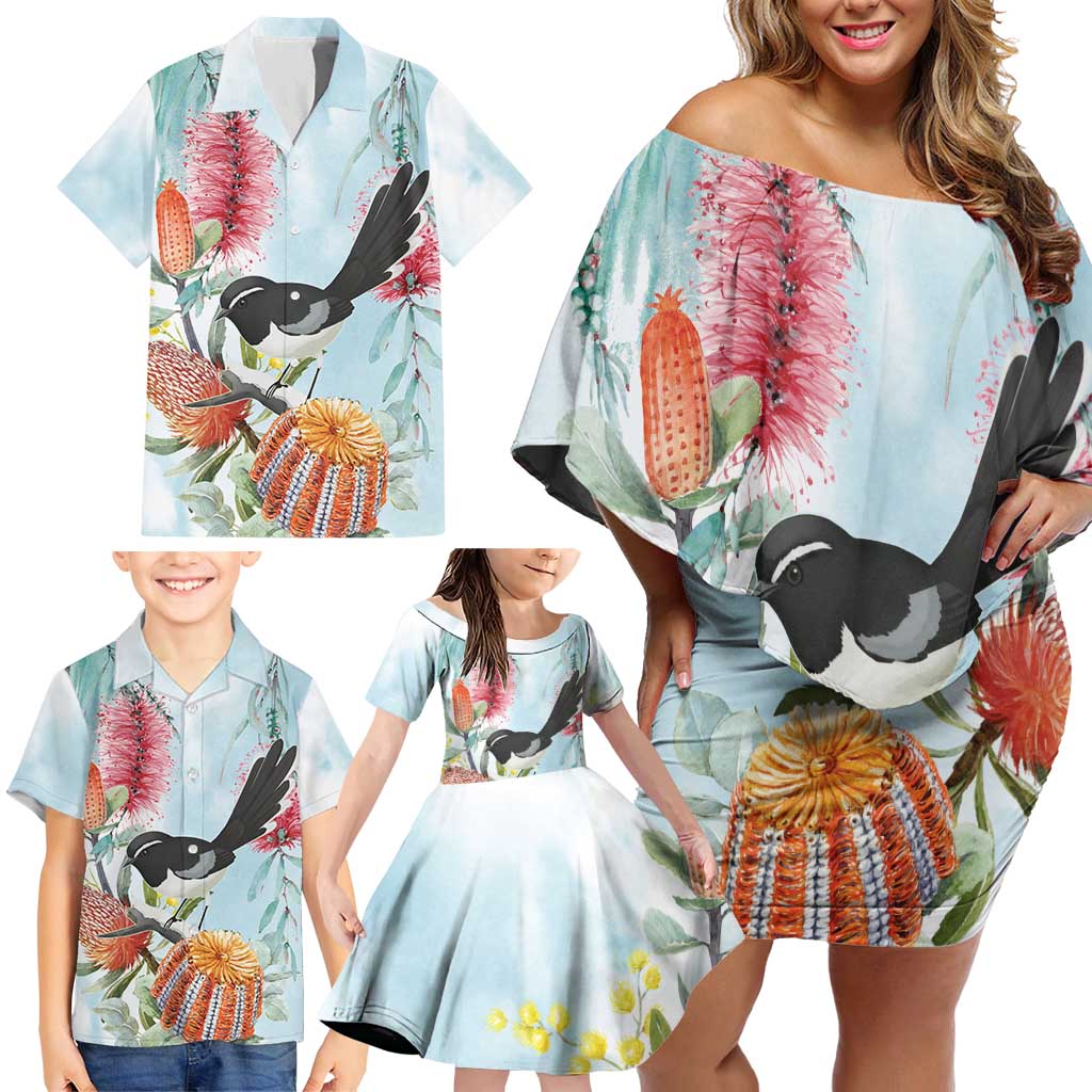 Willie wagtail Australia Family Matching Off Shoulder Short Dress and Hawaiian Shirt Banksia Bottlebrushes Watercolor Stylized - Vibe Hoodie