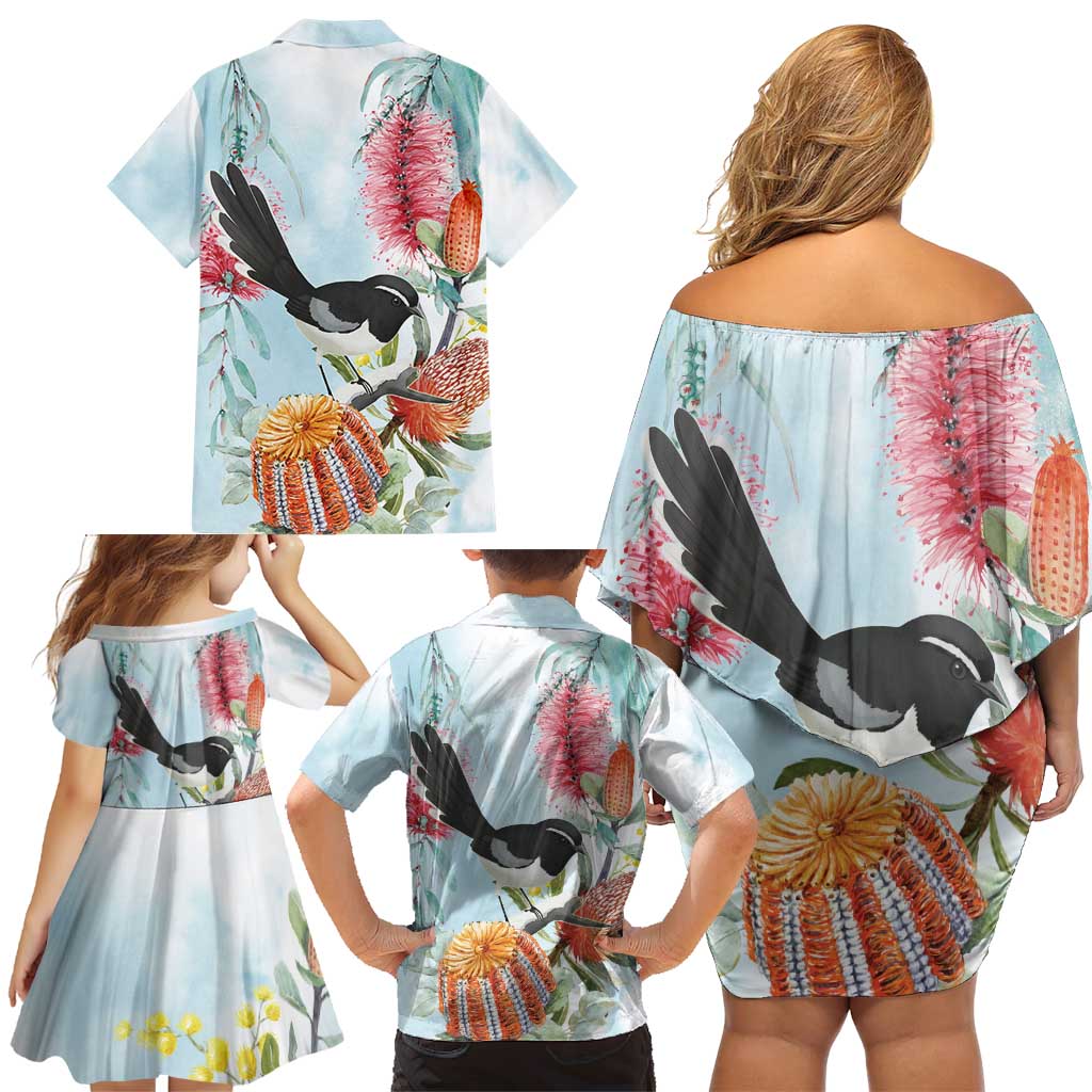 Willie wagtail Australia Family Matching Off Shoulder Short Dress and Hawaiian Shirt Banksia Bottlebrushes Watercolor Stylized - Vibe Hoodie