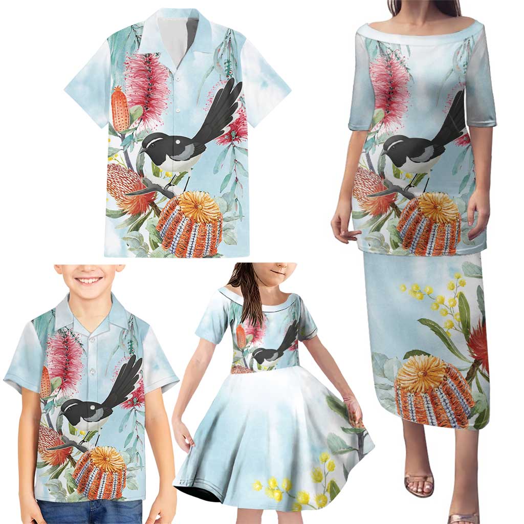 Willie wagtail Australia Family Matching Puletasi and Hawaiian Shirt Banksia Bottlebrushes Watercolor Stylized - Vibe Hoodie