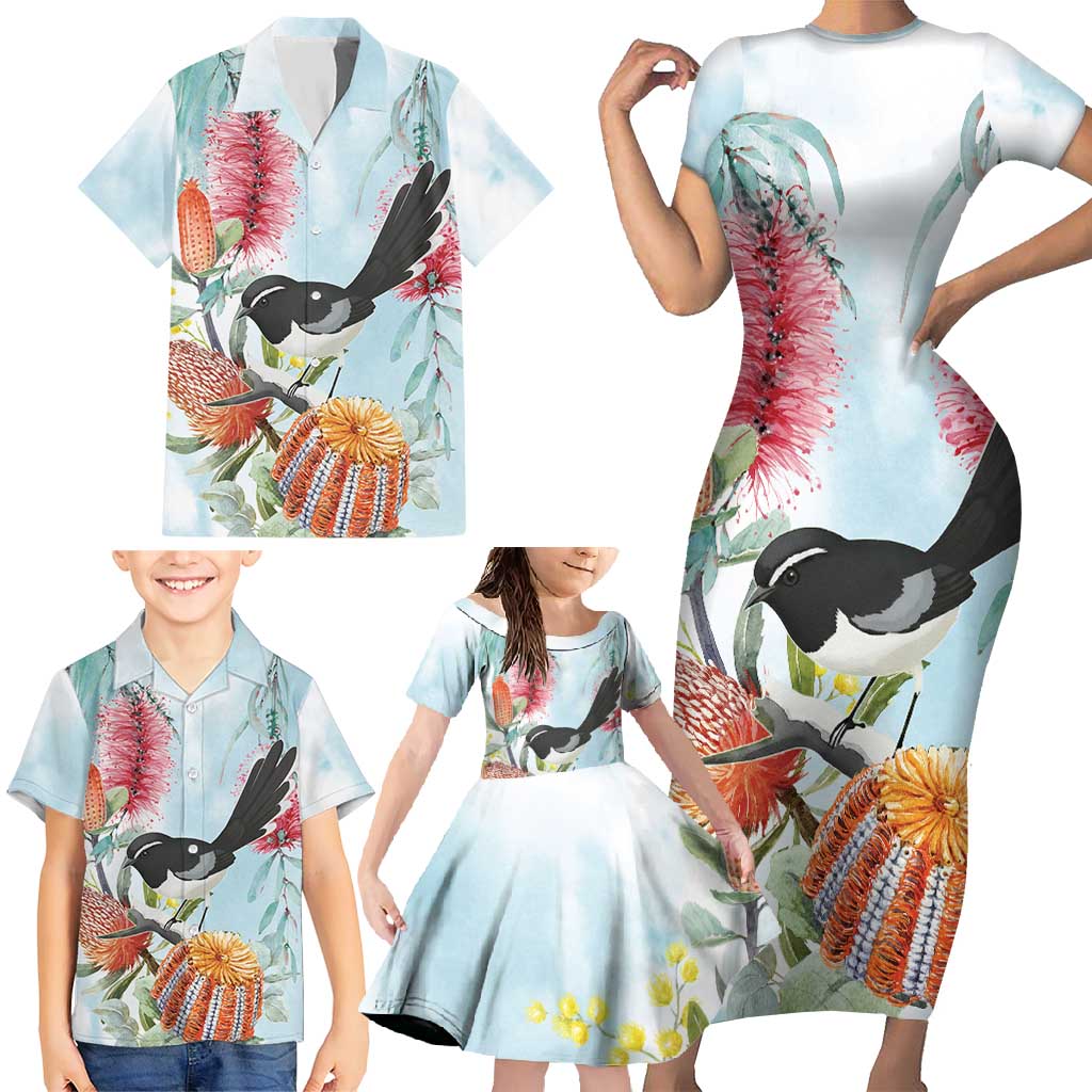 Willie wagtail Australia Family Matching Short Sleeve Bodycon Dress and Hawaiian Shirt Banksia Bottlebrushes Watercolor Stylized - Vibe Hoodie