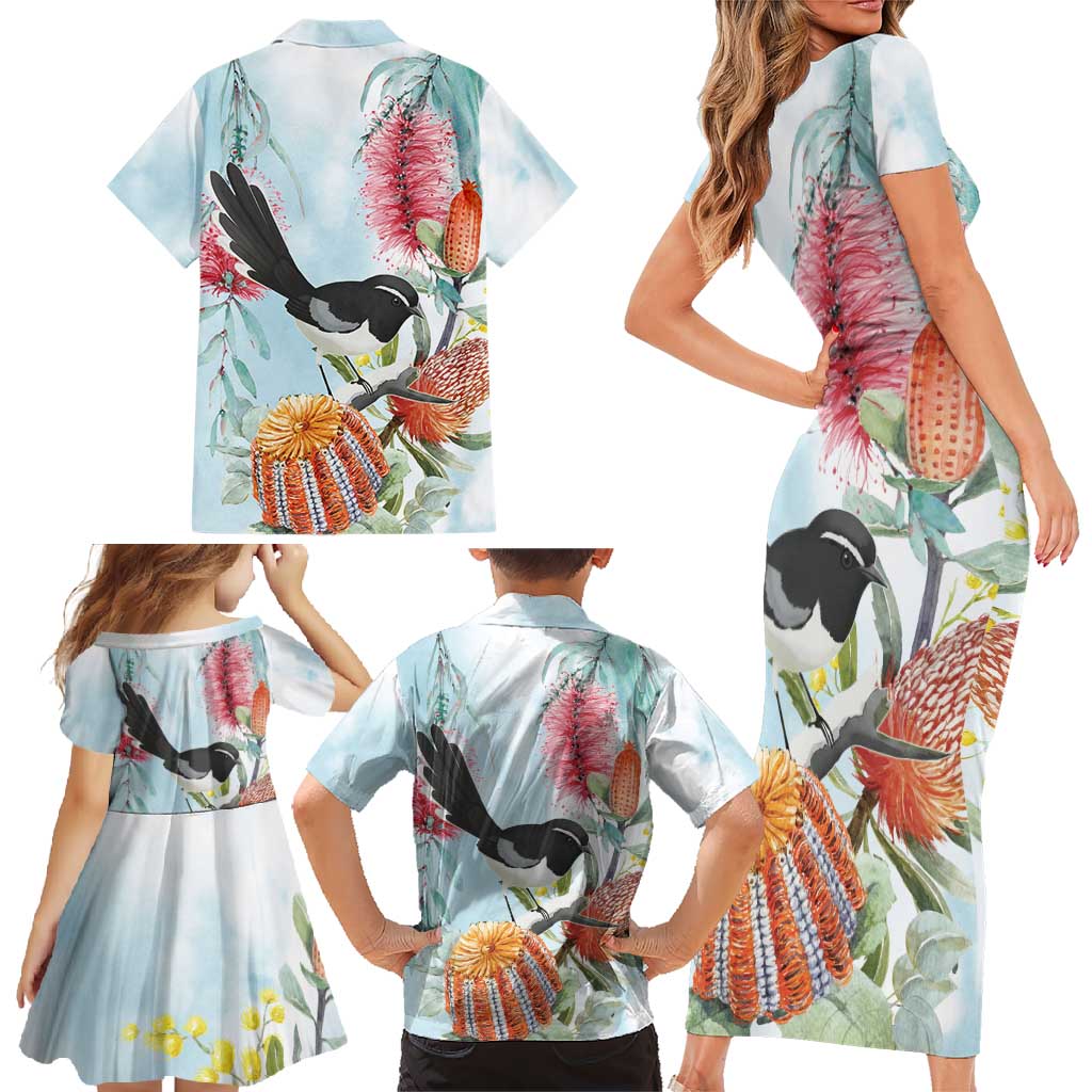Willie wagtail Australia Family Matching Short Sleeve Bodycon Dress and Hawaiian Shirt Banksia Bottlebrushes Watercolor Stylized - Vibe Hoodie
